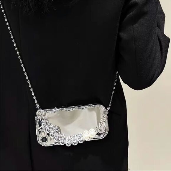 Silver Mirror iPhone 16 Pro Case with Chain and Beads - Picture 2 of 9